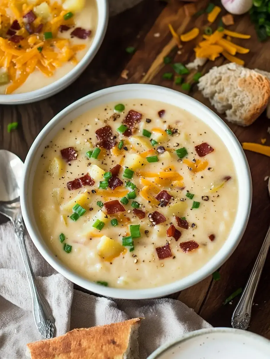Nahaufnahme von zwei Schalen cremiger Kartoffelsuppe mit Käse, Speck und Frühlingszwiebeln, dazu Brotstücke und Zutaten auf Holz.