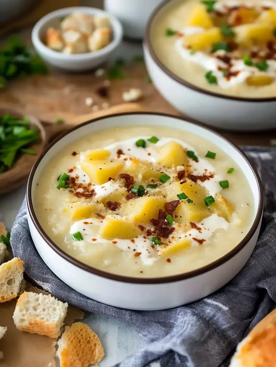 Eine Schale cremige Suppe mit Kartoffeln, Sauerrahm, Speck und Schnittlauch, dazu Brot und Kräuter im Hintergrund.