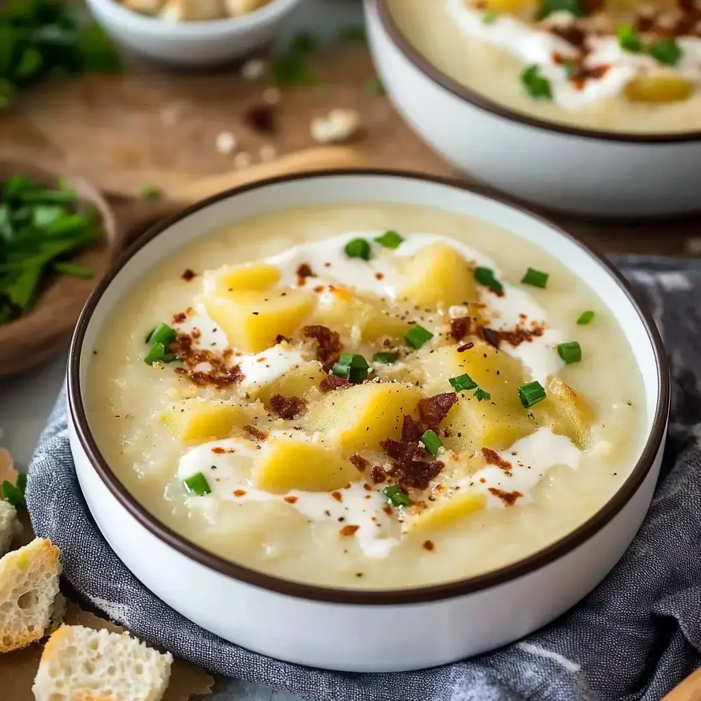 Eine Schale cremiger Kartoffelsuppe mit Sauerrahm, Speck und Schnittlauch, dazu knuspriges Brot am Rand.