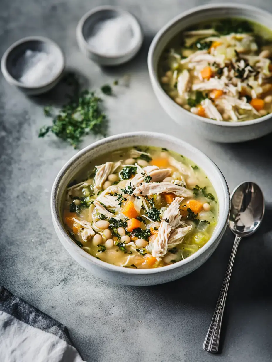 Zwei Schüsseln Hähnchensuppe mit zerrupftem Fleisch, Möhren, Blattgemüse, weißen Bohnen und daneben kleine Schälchen mit Salz und frischem Thymian auf rustikaler Unterlage.