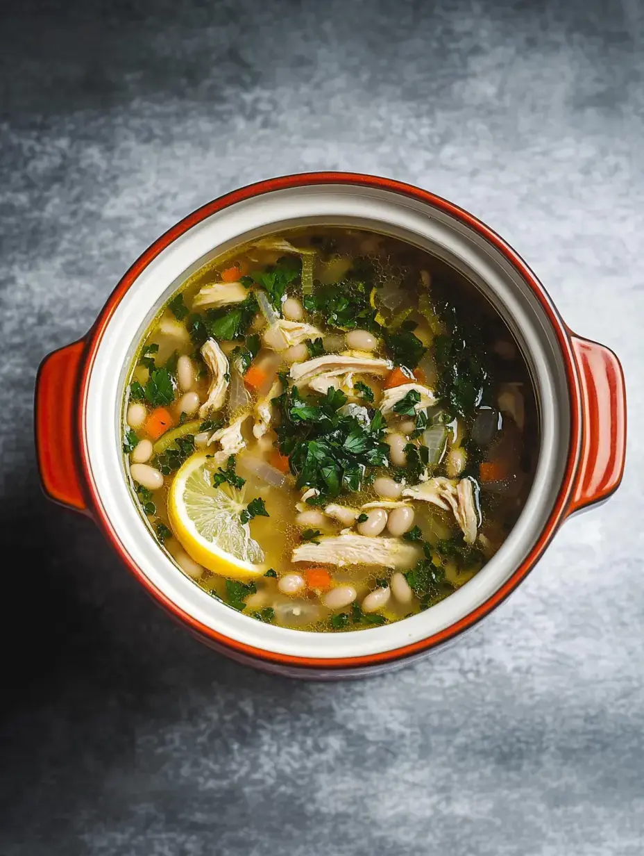 Nahaufnahme von kräftiger Hähnchensuppe mit weißen Bohnen, Gemüse, Kräutern und einer Zitronenscheibe im roten Topf.