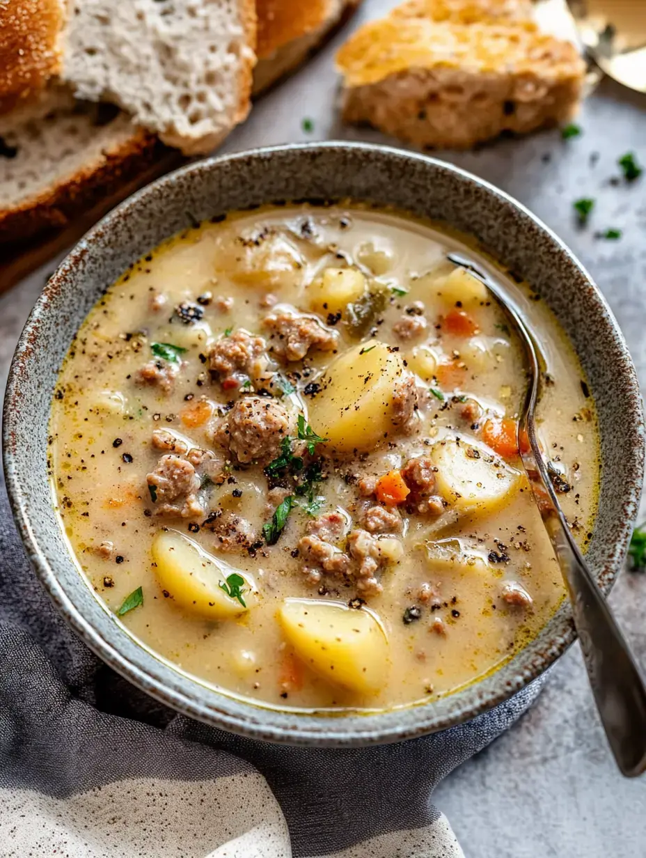 Eine Schale herzhafter Suppe aus Kartoffeln, Wurst und Kräutern. Drumherum liegen Brotscheiben auf rustikalem Untergrund.