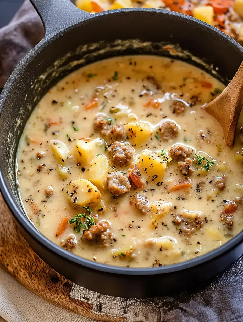 Nahaufnahme einer cremigen Kartoffel-Wurst-Suppe in einem schwarzen Topf, bestreut mit Kräutern.