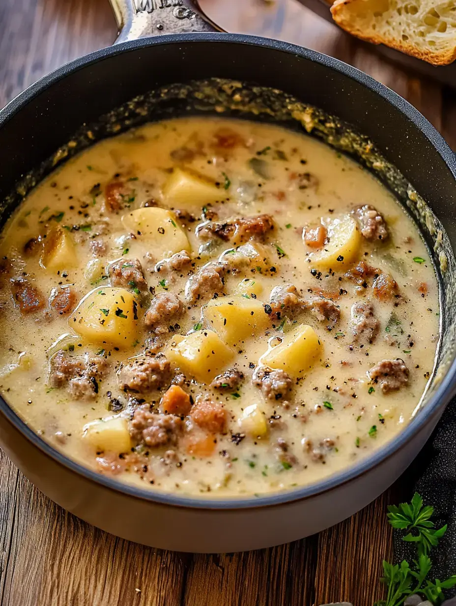 Eine cremige Suppe mit Kartoffelstücken, Wurst und Kräutern köchelt in einem schwarzen Topf auf Holz.
