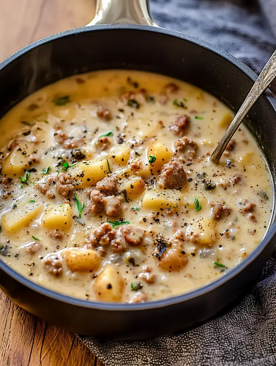 Nahaufnahme eines dampfenden Topfs mit cremiger Kartoffel-Wurst-Suppe, oben Kräuter, auf Holztisch.