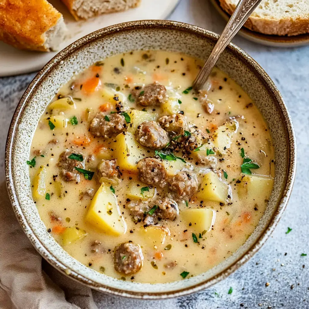 Eine Schale cremige Kartoffel-Wurst-Suppe mit Kräutern und Brotscheiben drumherum.