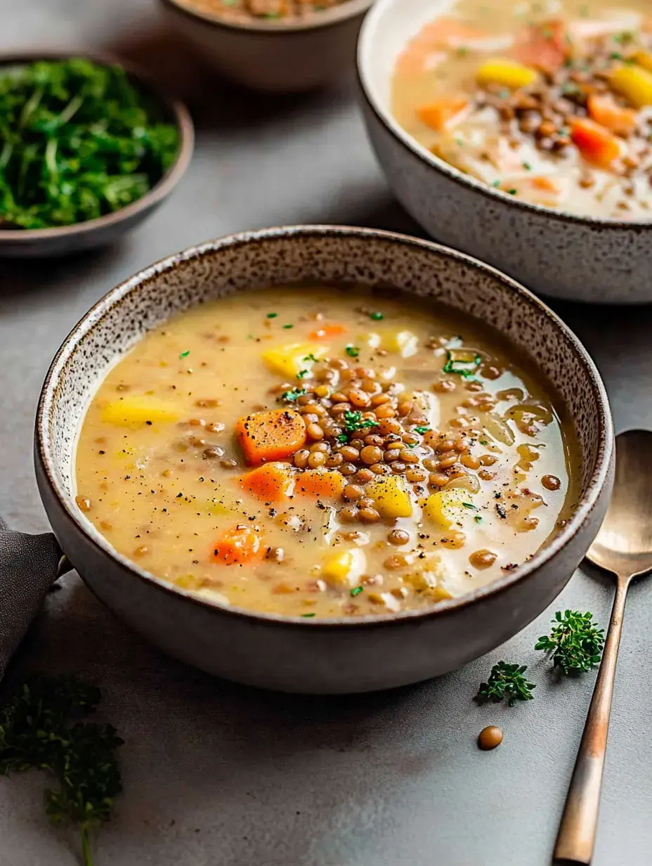 Ein Schüsselbild voller Linsensuppe mit gewürfeltem Gemüse und Kräutern garniert, daneben ein Löffel und ein kleiner Teller mit Salat.