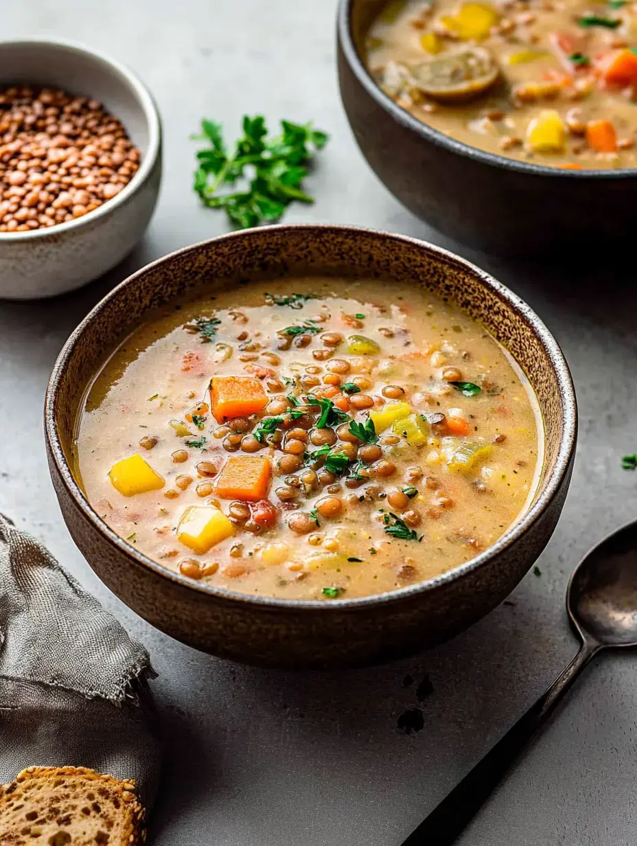 Nahaufnahme von zwei Schüsseln herzhafter Linsensuppe mit Petersilie, dazu eine kleine Schale Linsen und ein Stück Brot.