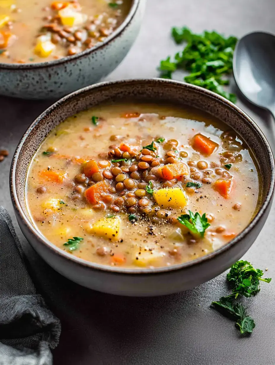 Nahaufnahme von zwei Schüsseln Linsensuppe mit Kräutern und Gemüse garniert.