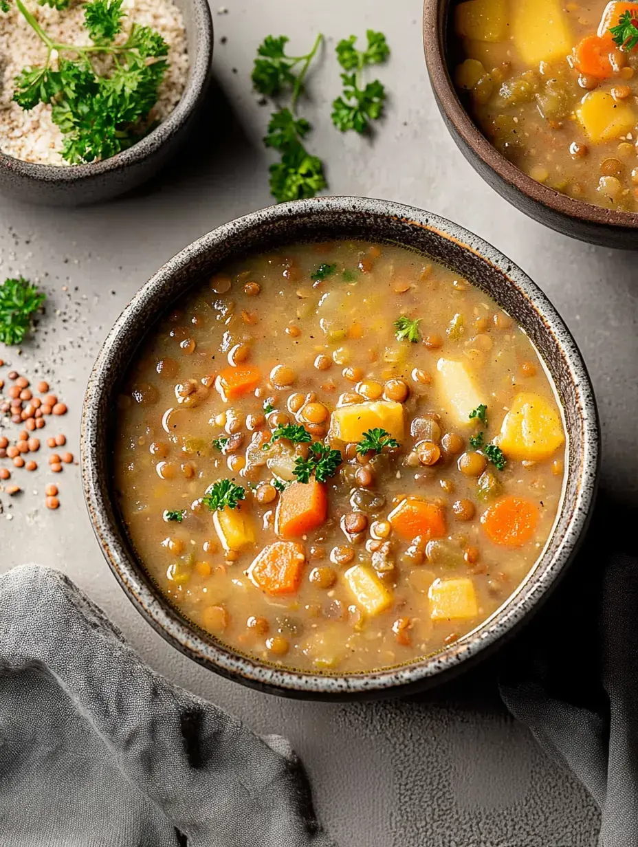 Eine Schüssel Linsensuppe mit Gemüsewürfeln und Kräutern, daneben eine kleine Schale grobes Salz und verstreute Linsen auf einer rustikalen Oberfläche.