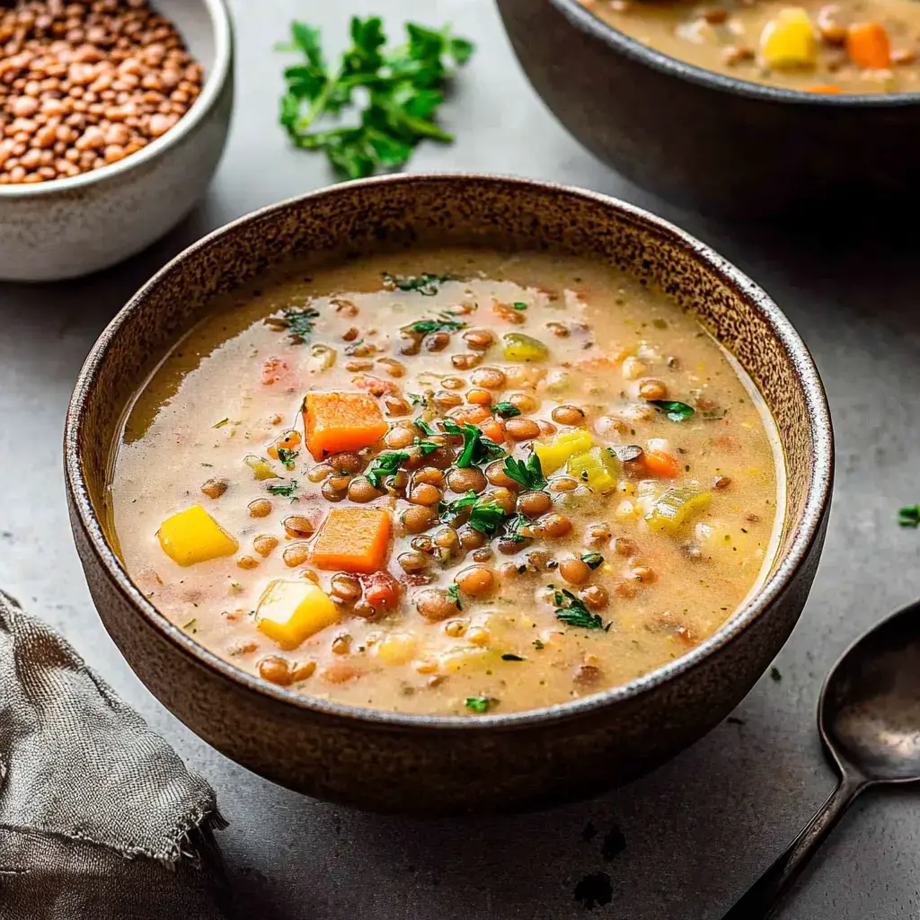 Schüssel mit Linsensuppe und buntem Gemüse, daneben eine kleine Schale Linsen und ein Löffel.