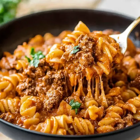 Eine Portion Spiralnudeln, gemischt mit Hackfleisch in einer würzigen Tomatensauce, garniert mit frischen Kräutern, wird aus einer schwarzen Schüssel serviert.