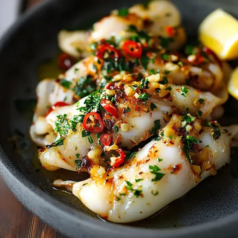 Gegrillter Tintenfisch mit gehackten Kräutern, Knoblauch und roten Chilischoten, serviert mit Zitronenscheiben auf einem dunklen Teller.