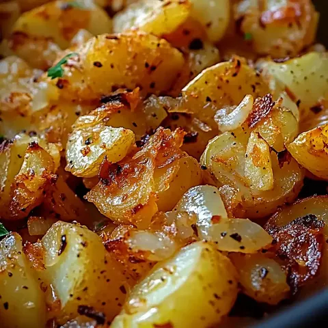 Nahaufnahme von goldbraunen, knusprigen Ofenkartoffeln, gemischt mit gebratenen Zwiebeln und gewürzt mit Kräutern.
