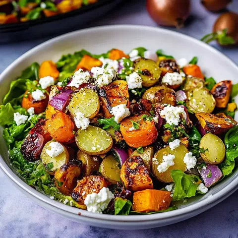 Ein bunter Salat mit geröstetem Gemüse wie orange und violetten Karotten, Trauben und zerbröckeltem Käse, serviert auf knackigen Blättern.