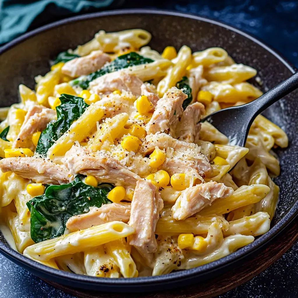 Eine Schüssel cremige Pasta mit Penne, Hühnchen, Mais und Spinat, garniert mit Käse und Pfeffer.
