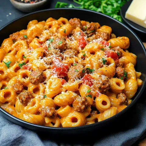 Nahaufnahme einer schwarzen Schüssel mit cremiger Pasta, Hackbällchen, gewürfelten Tomaten und geriebenem Käse, garniert mit Petersilie.