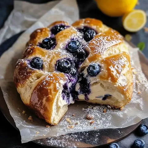 Ein goldschimmerndes Gebäck mit Blaubeer- und Frischkäsefüllung, bestäubt mit Puderzucker, serviert auf Backpapier mit einer Zitrone im Hintergrund.