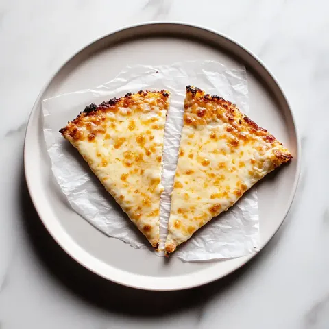 Zwei Käsepizzastücke auf einem runden Teller, liegend auf einem Stück Backpapier.