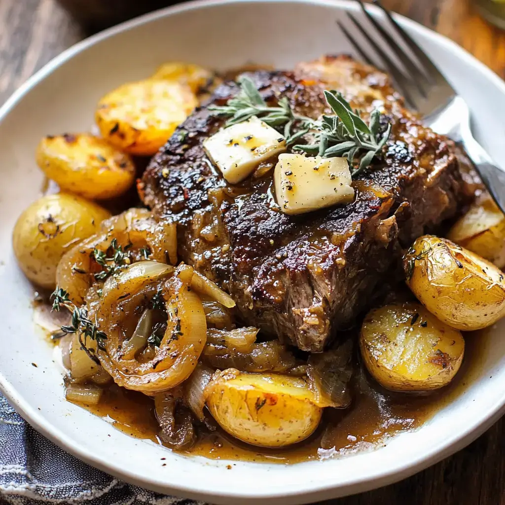 Ein Teller mit zartem Braten, dekoriert mit Kräutern und Butter, serviert mit knusprigen Kartoffeln und karamellisierten Zwiebeln.