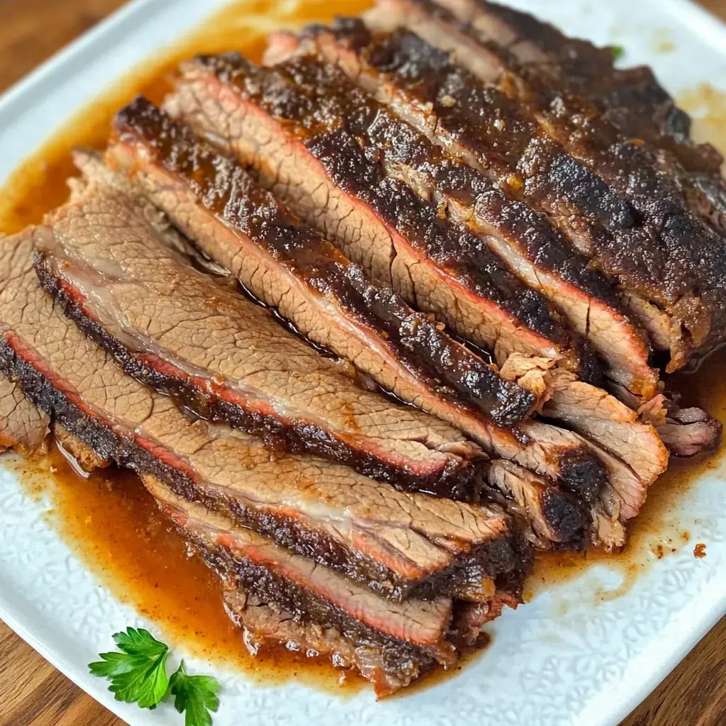 Aufgeschnittenes Brisket in einer würzigen Soße auf einer weißen Platte, garniert mit Petersilie.