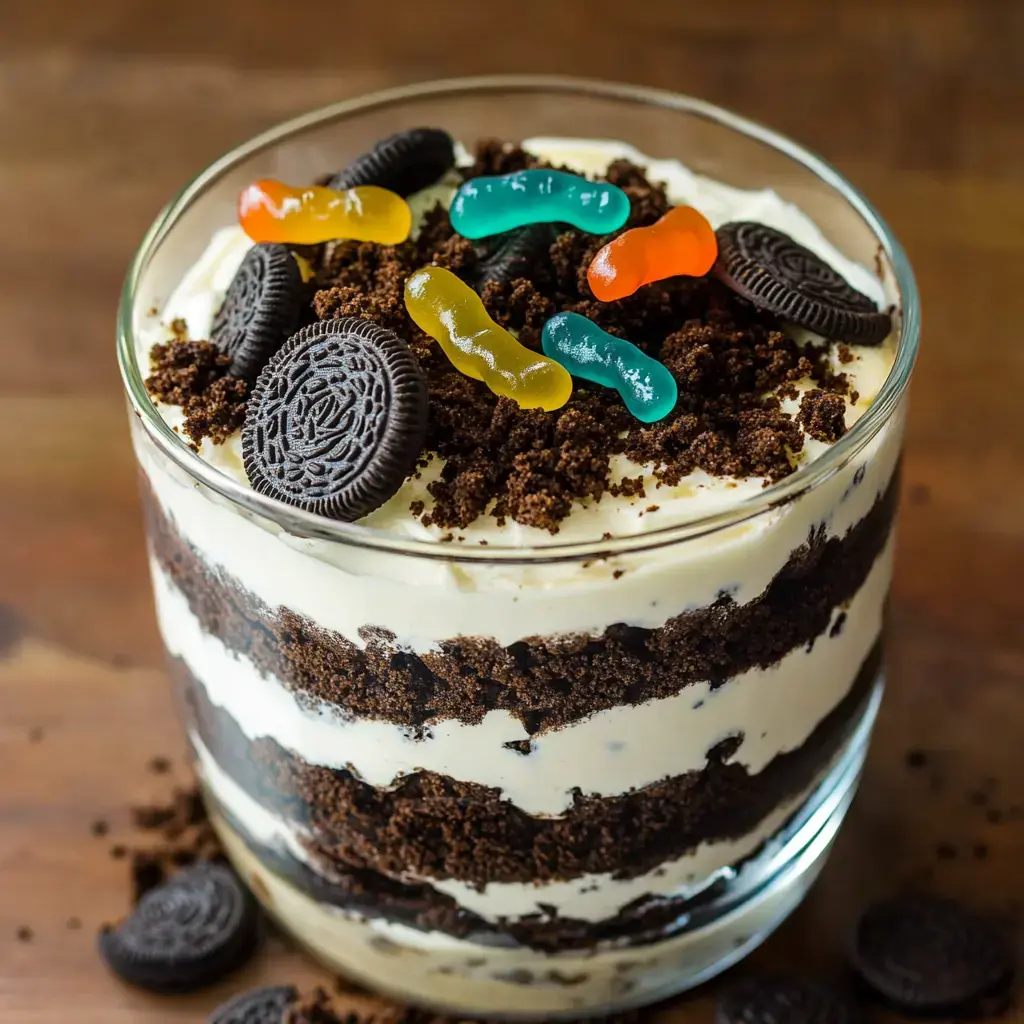 Ein geschichtetes Dessert in einem klaren Glas mit Schokokekskrümeln, cremiger Füllung und Gummiwürmern als Dekor.