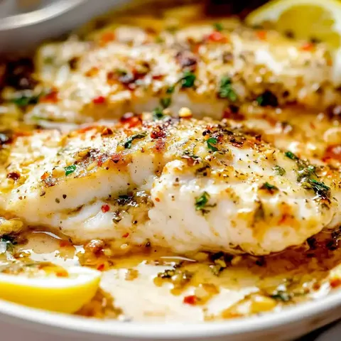 Nahaufnahme von zwei zarten Fischfilets in würziger Sauce, garniert mit Kräutern und Gewürzen, serviert mit Zitronenscheiben.