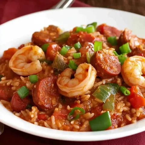 Nahaufnahme einer Schüssel mit Garnelen- und Wurst-Jambalaya, dazu Reis, Tomaten und Frühlingszwiebeln.