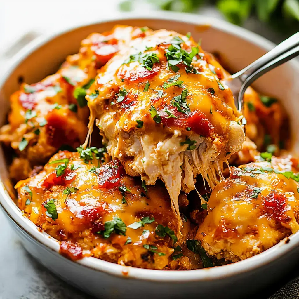 Ein Stück gebackenes Hähnchen mit geschmolzenem Käse, Tomatensauce und Kräutern serviert in einer Schale.