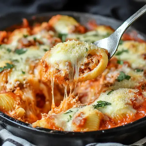 Ein Löffel hebt eine gefüllte Käseshell aus einer Pfanne mit Tomatensauce und geschmolzenem Käse, garniert mit Kräutern.