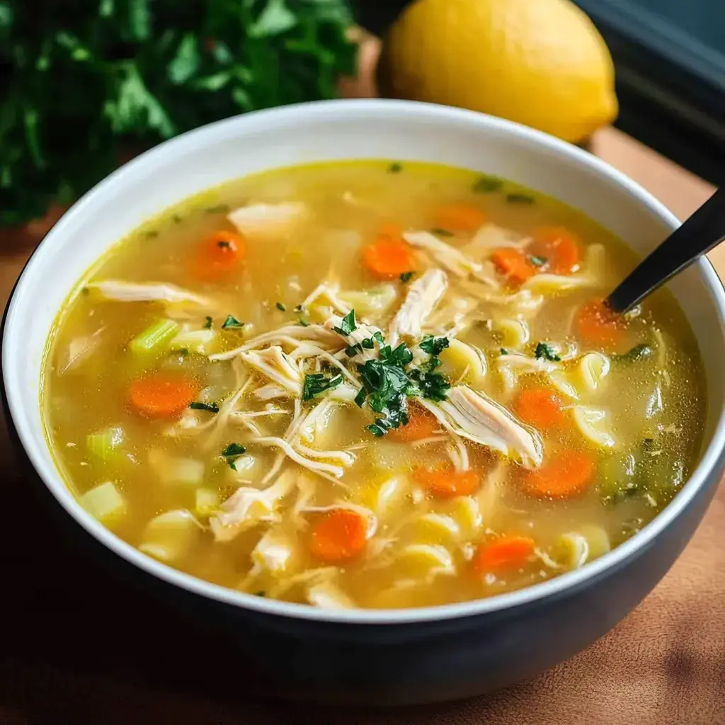 Eine Schüssel mit würziger Hühnersuppe, Nudeln, Karotten und Kräutern, dazu ein Zitronenschnitz.