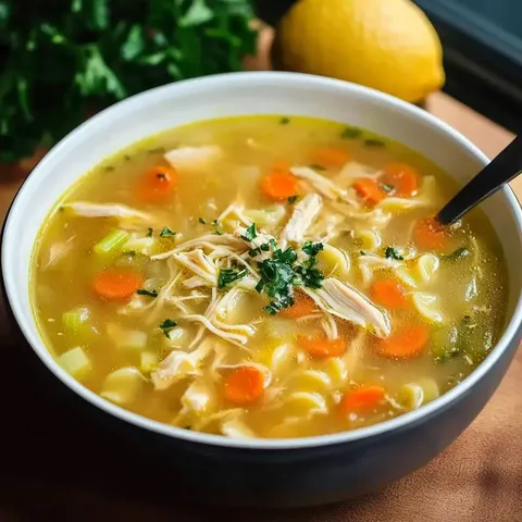 Eine Schüssel mit würziger Hühnersuppe, Nudeln, Karotten und Kräutern, dazu ein Zitronenschnitz.