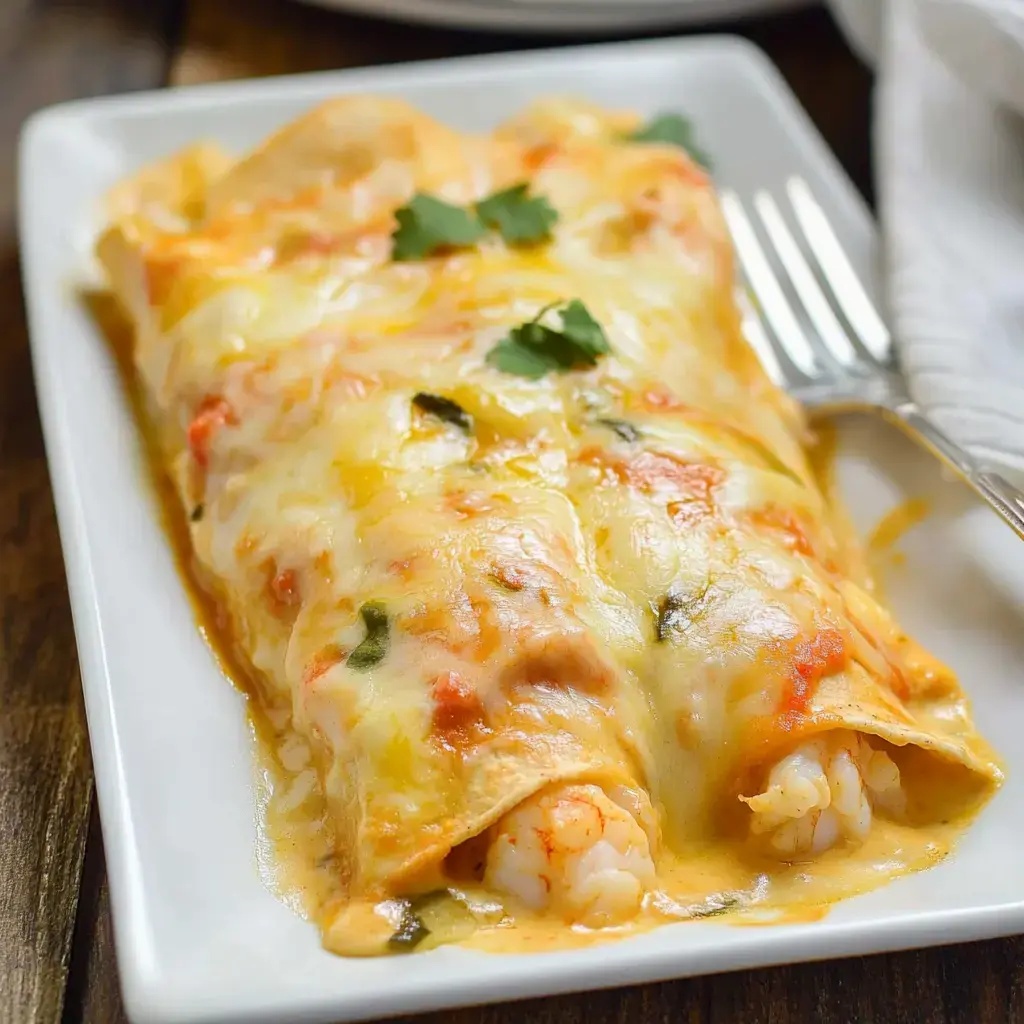 Ein Teller mit überbackenen Garnelen-Enchiladas, garniert mit Koriander, auf einem Holztisch.