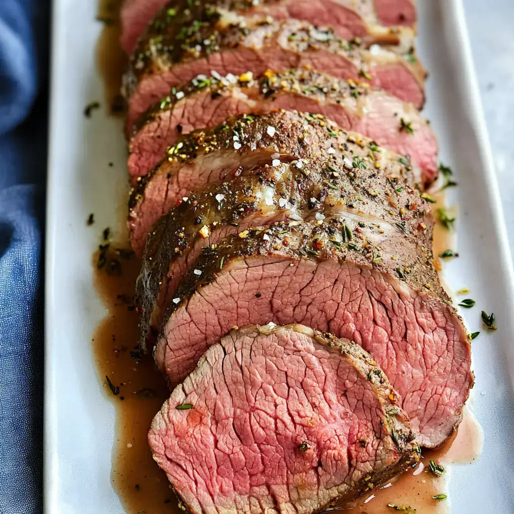 Ein kunstvoll aufgeschnittenes Rinderfilet, gewürzt mit Kräutern, Salz und serviert in einer köstlichen Sauce.
