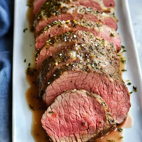 Ein kunstvoll aufgeschnittenes Rinderfilet, gewürzt mit Kräutern, Salz und serviert in einer köstlichen Sauce.