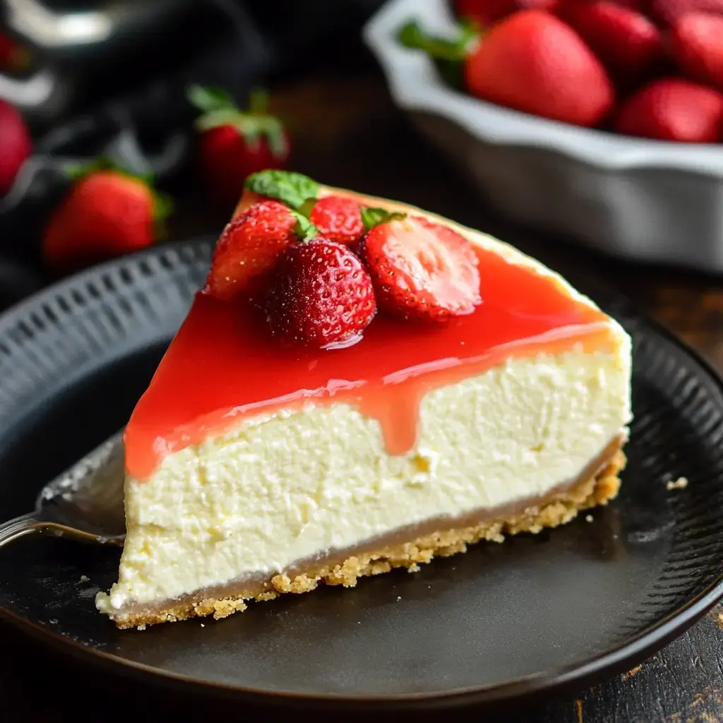Ein Stück Käsekuchen mit frischen Erdbeeren und glänzend rotem Überzug, serviert auf einem dunklen Teller mit weiteren Erdbeeren im Hintergrund.