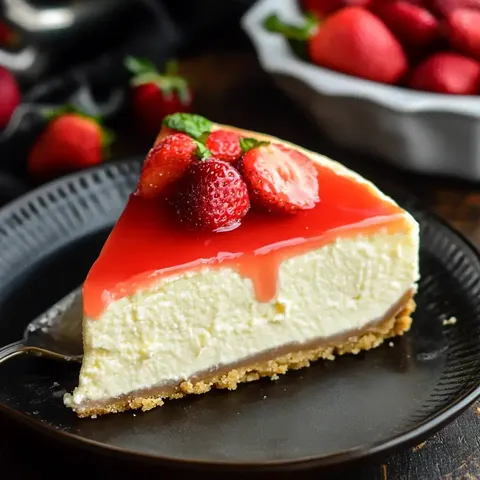 Ein Stück Käsekuchen mit frischen Erdbeeren und glänzend rotem Überzug, serviert auf einem dunklen Teller mit weiteren Erdbeeren im Hintergrund.