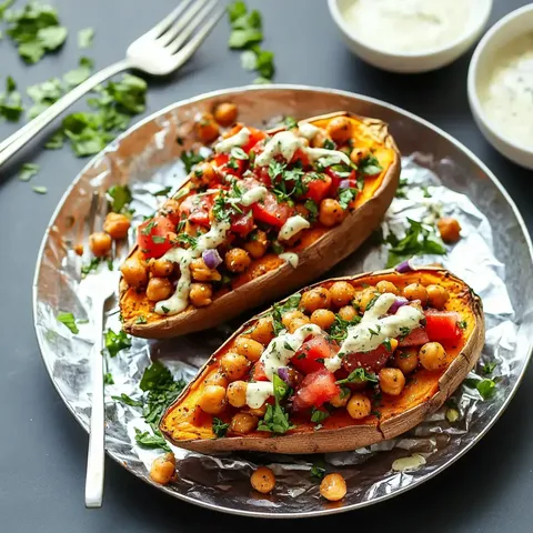 Ein Teller mit gerösteten Süßkartoffelhälften, belegt mit Kichererbsen, gewürfelten Tomaten, frischen Kräutern und einem Saucen-Topping.