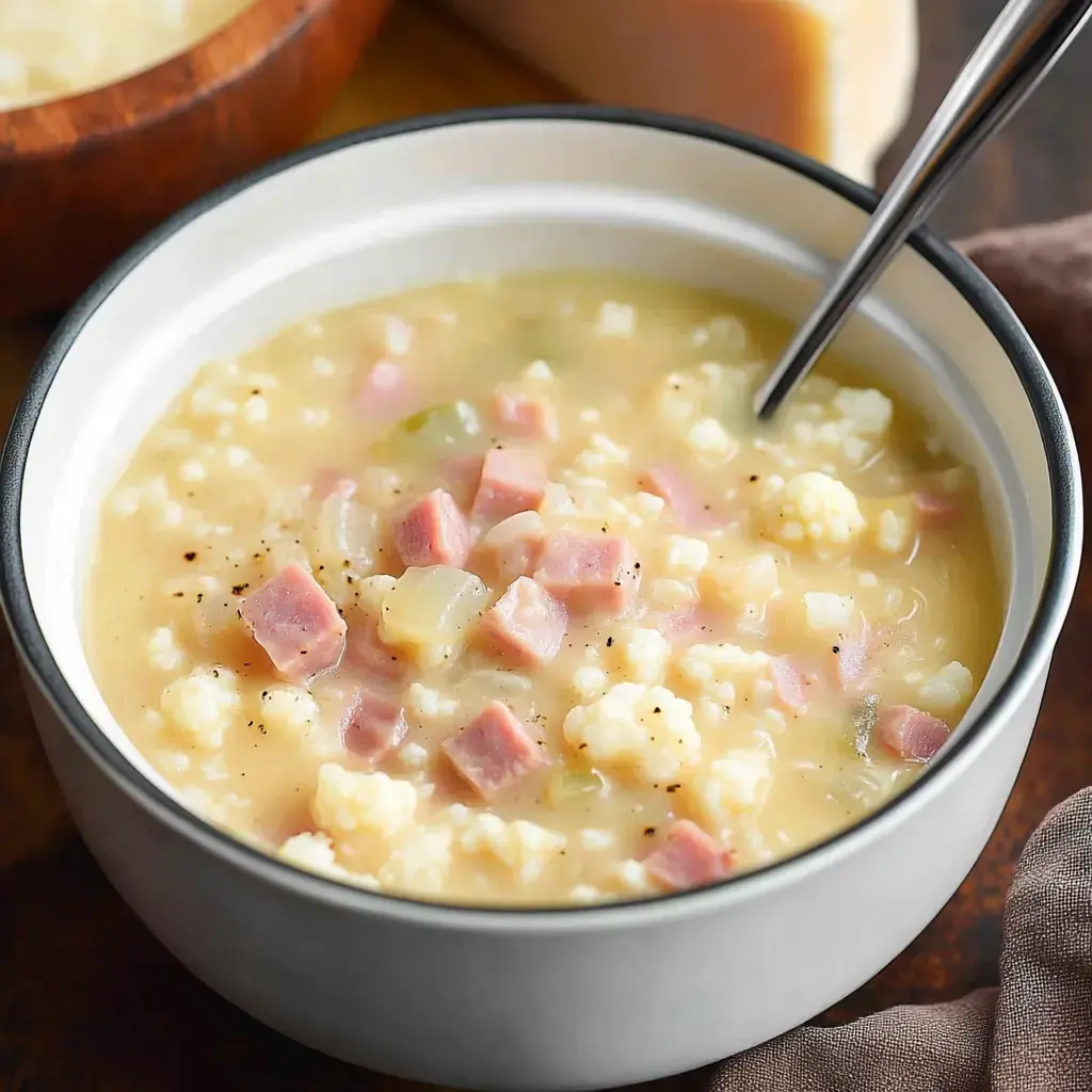 Nahaufnahme einer Schüssel herzhafter Suppe mit Schinkenstücken, Blumenkohl und Gemüse – ein Löffel liegt in der Schüssel.