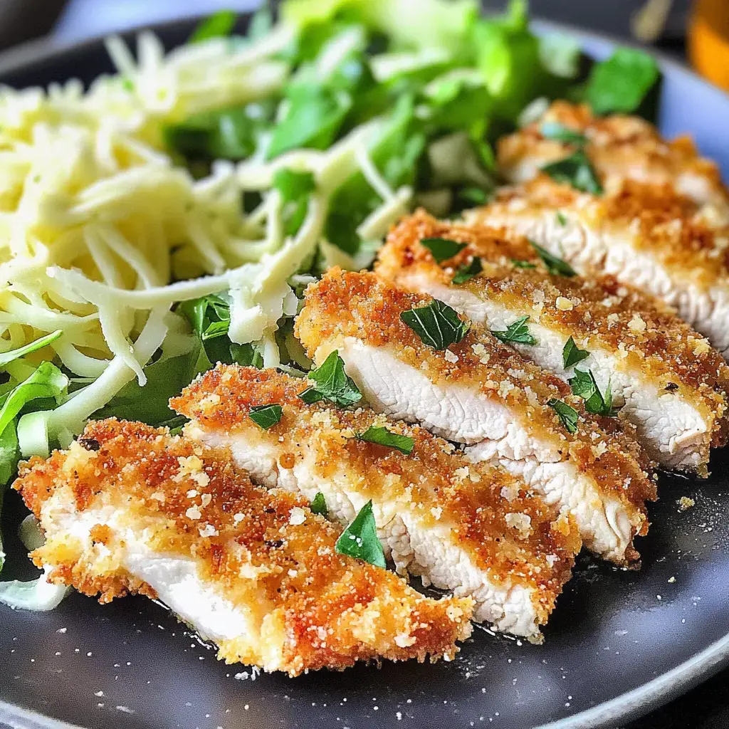 Ein Teller mit knusprigem Hähnchenfilet garniert mit Petersilie, serviert mit gemischten Salatblättern und geriebenem Käse.