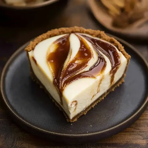 Ein Stück Käsekuchen mit cremiger Füllung, durchzogen von Karamellsoßen-Wirbeln auf einem dunklen Teller.