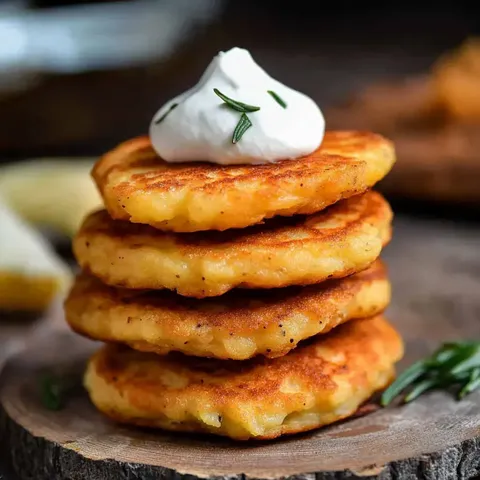 Ein Stapel aus vier goldbraun gebratenen Kartoffel-Puffern, garniert mit einem Klecks Sauerrahm und Kräutern, auf einem Holztisch.