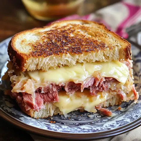 Nahaufnahme eines gegrillten Sandwiches mit geschmolzenem Käse, Corned Beef und Sauerkraut auf einem dekorativen Teller.