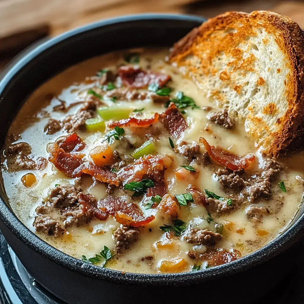 Eine Schüssel cremige Suppe mit krossem Speck, Hackfleisch, gehacktem Gemüse und Petersilie, begleitet von einer Scheibe Toast.