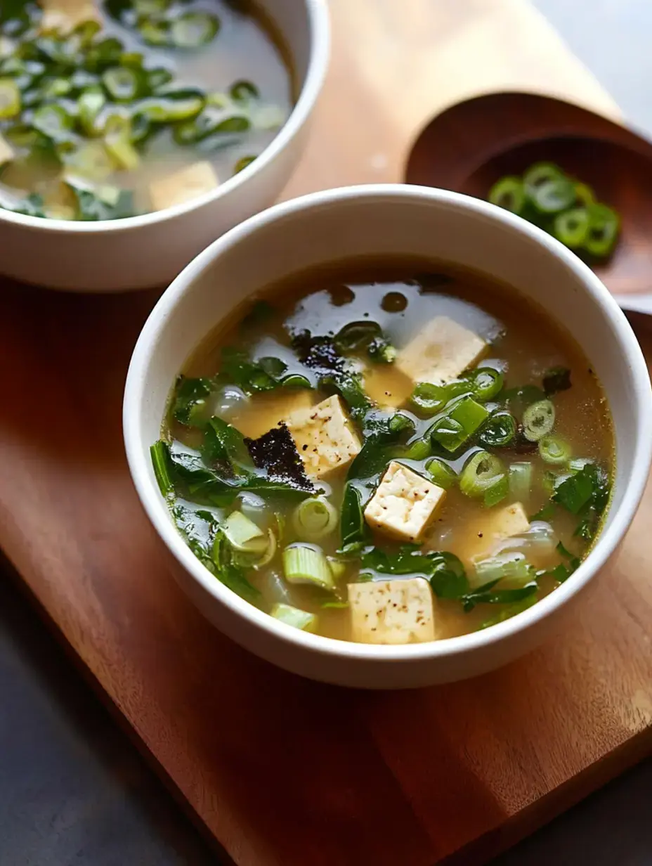 Zwei Schalen Suppe mit Tofu und Frühlingszwiebeln stehen auf Holz, dazu ein Schälchen mit geschnittenen Frühlingszwiebeln.