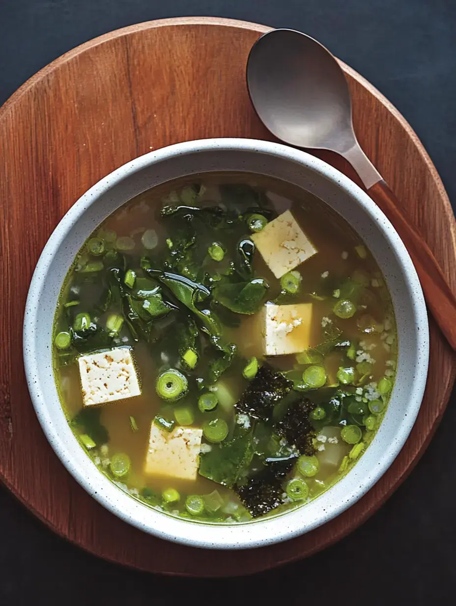 Eine Schale klare Suppe mit Tofu, Frühlingszwiebeln, Algen und grünem Blattgemüse, auf Holzplatte mit Löffel daneben.
