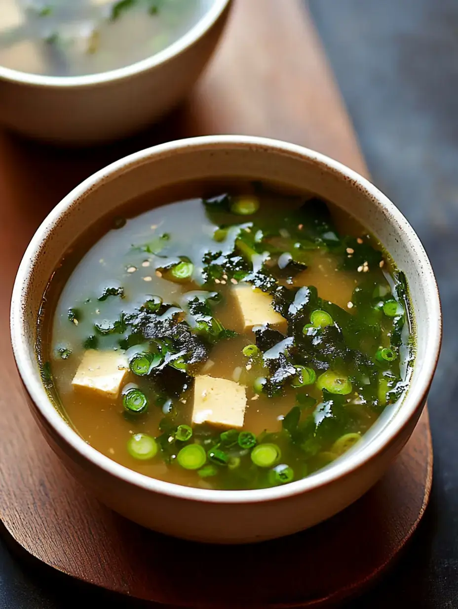 Eine Schale Miso-Suppe mit Tofu, Algen und Frühlingszwiebeln, auf einem hölzernen Untergrund.