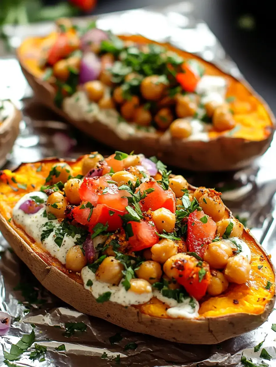 Ofen-Süßkartoffeln mit Kichererbsen, gewürfelten Tomaten, roten Zwiebeln und frischen Kräutern – alles auf Alufolie angerichtet.