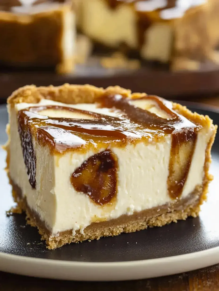 Ein Stück Käsekuchen mit Karamellglasur auf einem schwarzen Teller und knusprigem Boden.