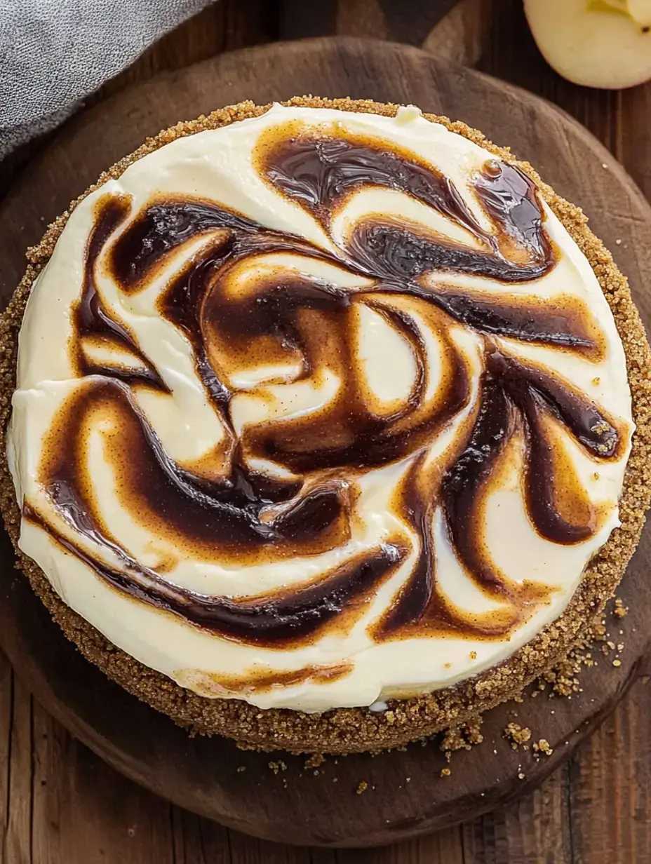 Draufsicht auf einen Käsekuchen mit glänzender Schoko-Marmorierung auf knusprigem Boden auf einem Holzbrett.